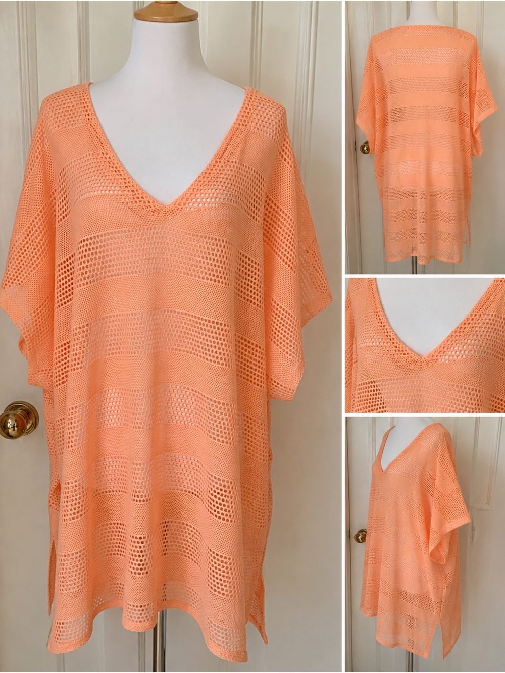 La Vie En Rose Orange Crochet Swim Coverup V-Neck Tunic